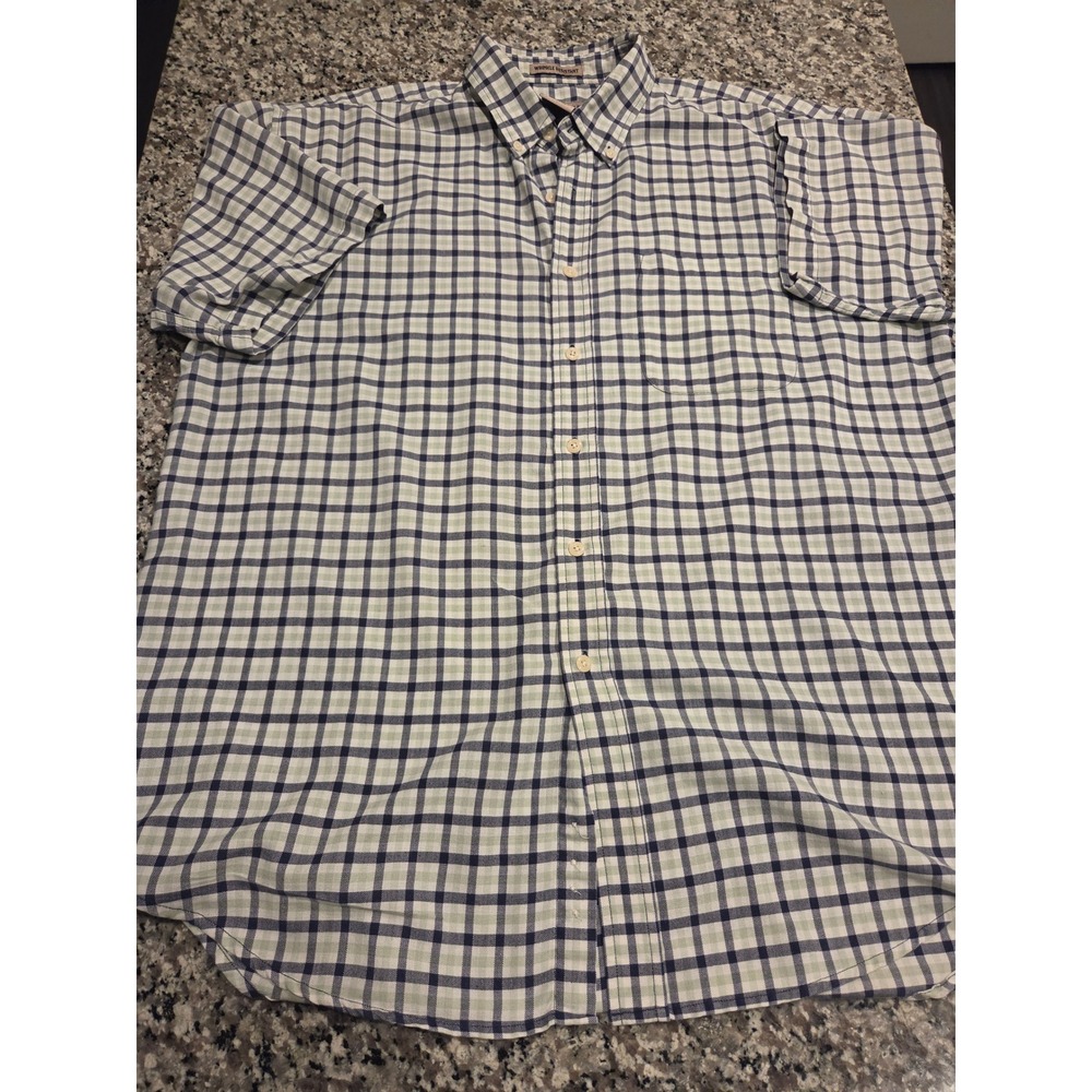 Sun River Mens Large Short Sleeve Plaid Button Down Shirt Navy Green Wrinkle Res
